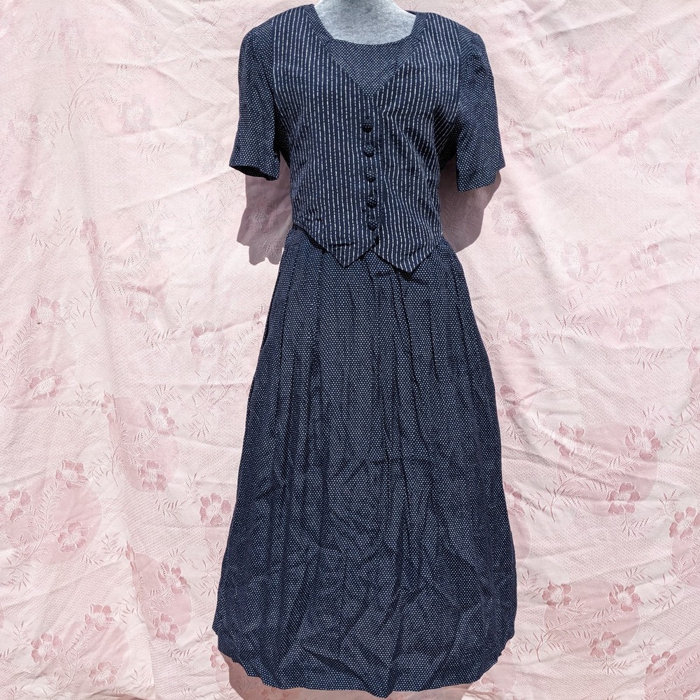 Vtg Karin Stevens Dress 80s 90s Navy Polka Dot Midi Pinstripe Vest Cottagecore
